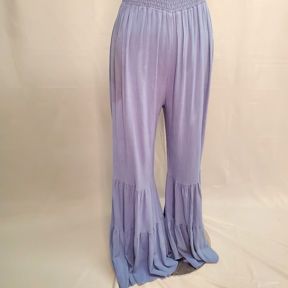 MainStrip Blue Cotton Boho Jumpsuit Flair Legs Ruffles Size L - Picture 4 of 6